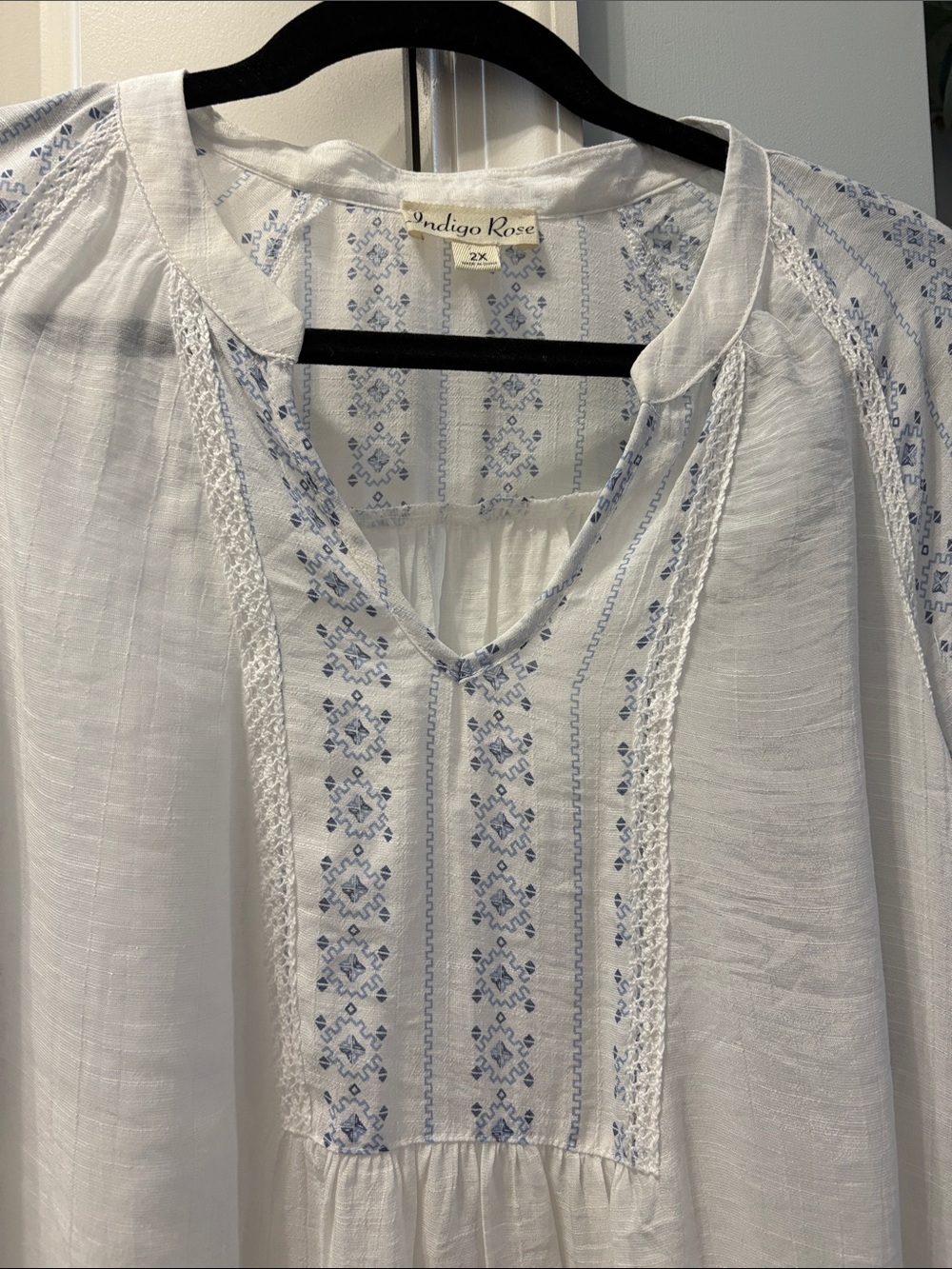 White Embroidered Boho Tunic Top with Light Blue Accents - Picture 3 of 3
